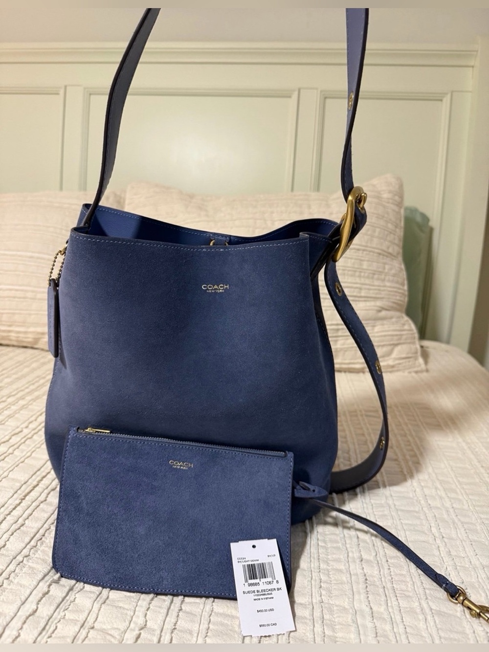 Coach Bleeker Bucket Bag Purse denim blue leather suede with zip pouch